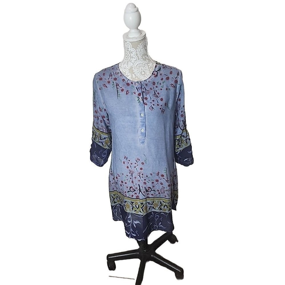 DOLMA ANTHROPOLOGIE Modal dress Blue Floral 3/4 Rolled Tab BOHO hippy Small